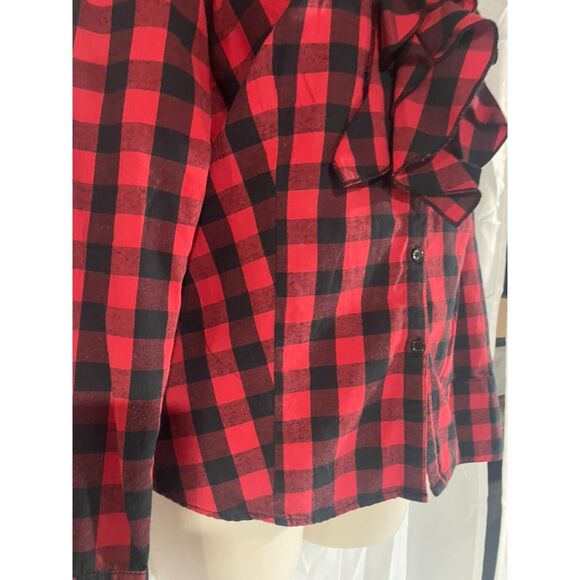 Fun Harve' Bernard  ruffled red black buffalo check blouse  size M - Picture 8 of 10